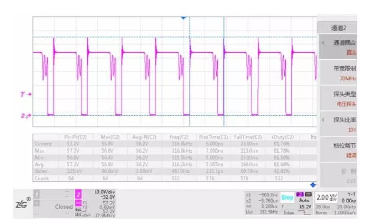 图1 稳态工作时MOS管波形Vds_max=57.2V